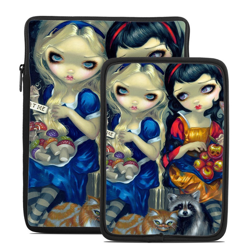 Tablet Sleeve design of Doll, Cartoon, Illustration, Cat, Art, Fawn, Toy, Fictional character, Whiskers with blue, yellow, red, orange, gray colors