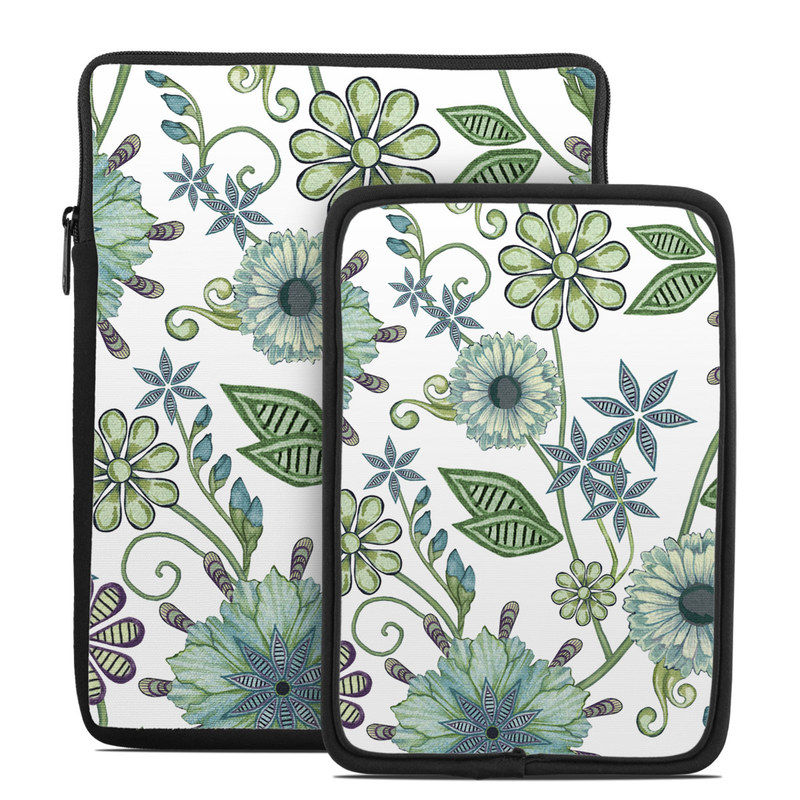 Tablet Sleeve design of Green, Pattern, Flower, Botany, Plant, Leaf, Design, Wildflower with white, green, blue colors
