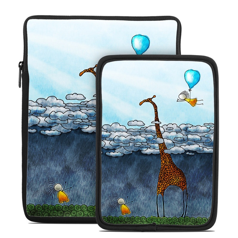 Tablet Sleeve design of Giraffe, Sky, Tree, Water, Branch, Giraffidae, Illustration, Cloud, Grassland, Bird with blue, gray, yellow, green colors