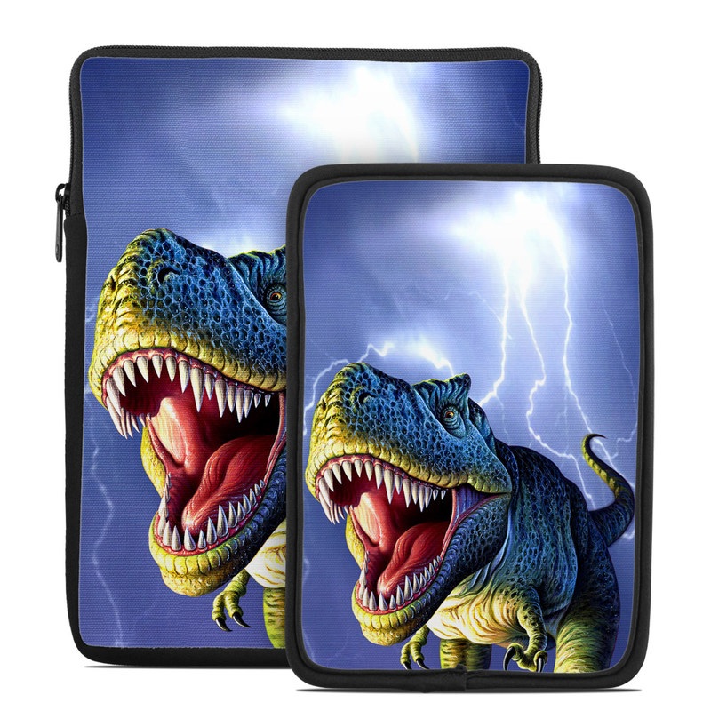 Tablet Sleeve design of Dinosaur, Extinction, Tyrannosaurus, Velociraptor, Tooth, Jaw, Organism, Mouth, Fictional character, Art with blue, green, yellow, orange, red colors