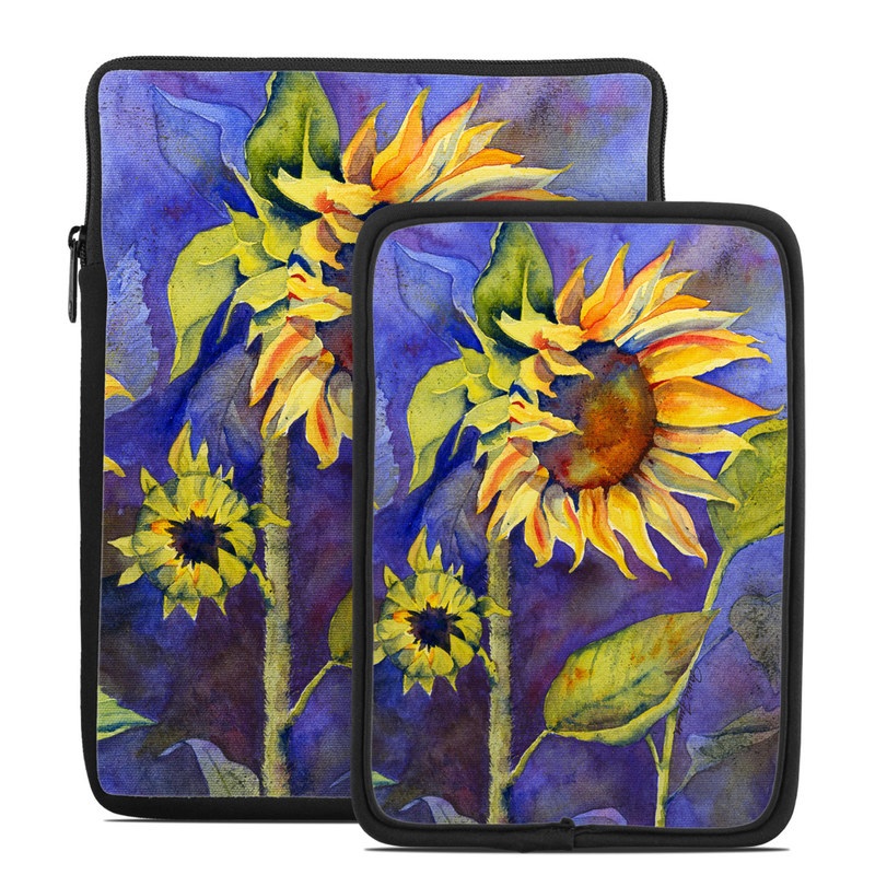 Tablet Sleeve design of Flower, Sunflower, Painting, sunflower, Watercolor paint, Plant, Flowering plant, Yellow, Acrylic paint, Still life with green, black, blue, gray, red, orange colors