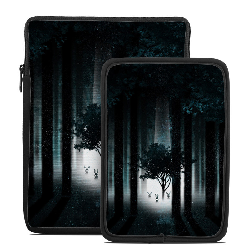 Tablet Sleeve design of Darkness, Black, Nature, Tree, Natural environment, Forest, Atmosphere, Atmospheric phenomenon, Light, Natural landscape, with black, blue, white colors