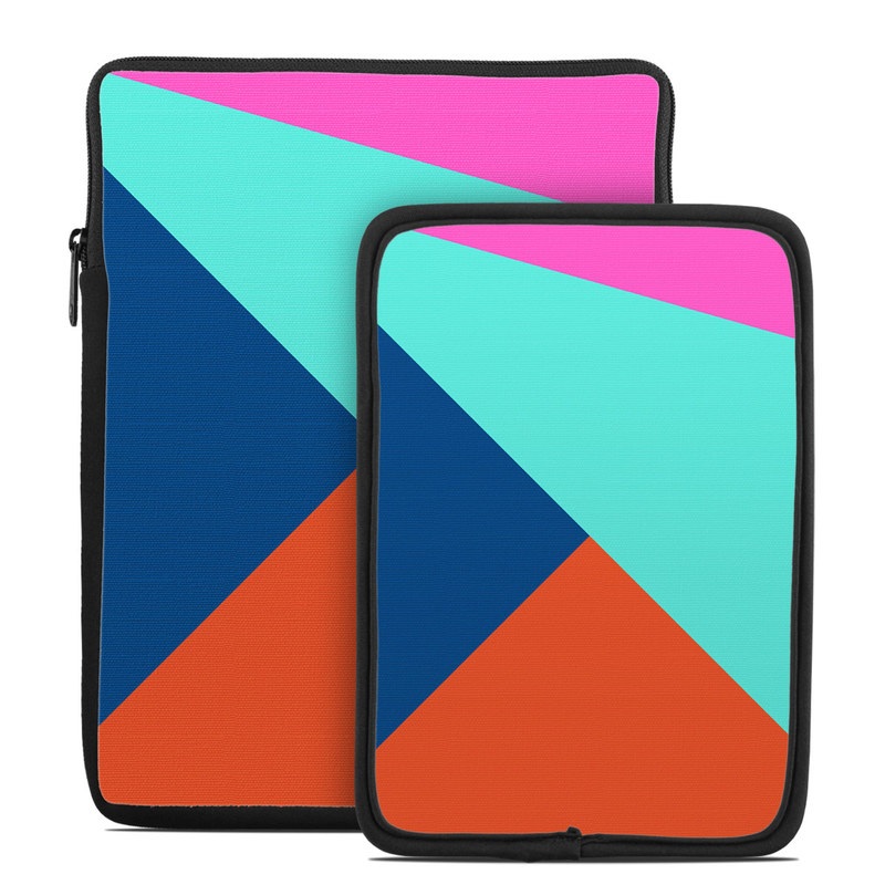 Tablet Sleeve design of Blue, Colorfulness, Turquoise, Line, Azure, Triangle, Pattern, Graphic design, Magenta with blue, pink, orange, red colors