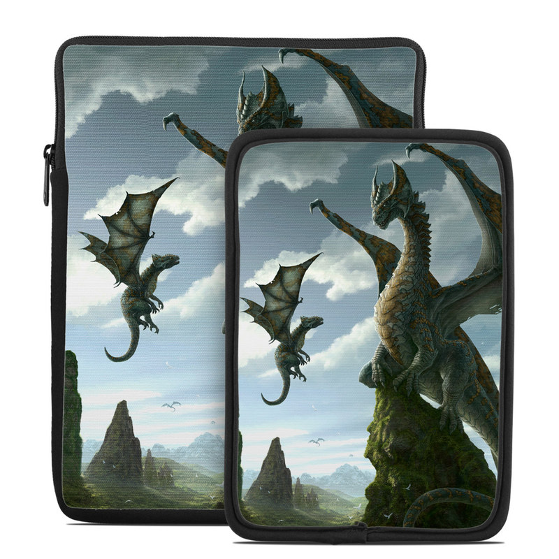 Tablet Sleeve design of Dragon, Cg artwork, Fictional character, Mythical creature, Mythology, Extinction, Cryptid, Illustration, Games, Massively multiplayer online role-playing game, with black, gray, blue, white, purple colors
