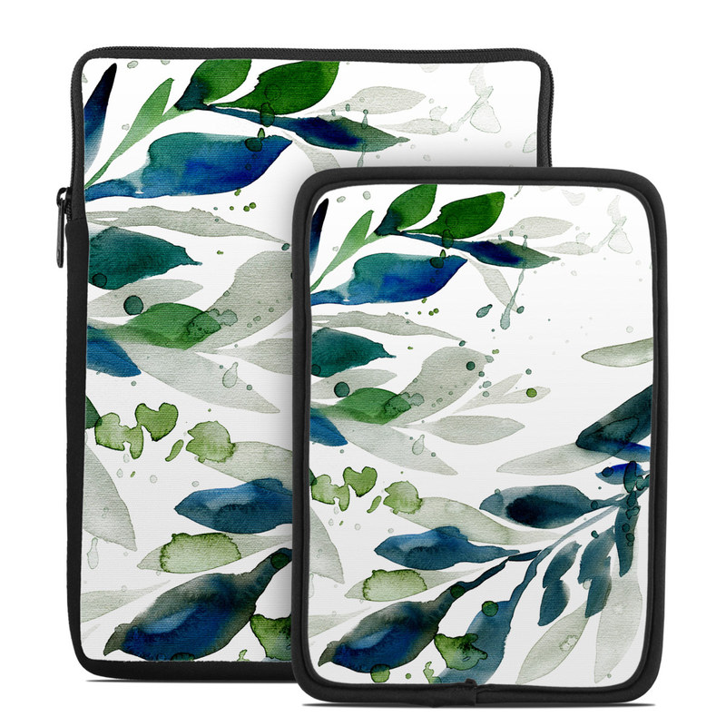 Tablet Sleeve design of Leaf, Branch, Plant, Tree, Botany, Flower, Design, Eucalyptus, Pattern, Watercolor paint, with white, blue, green, gray colors