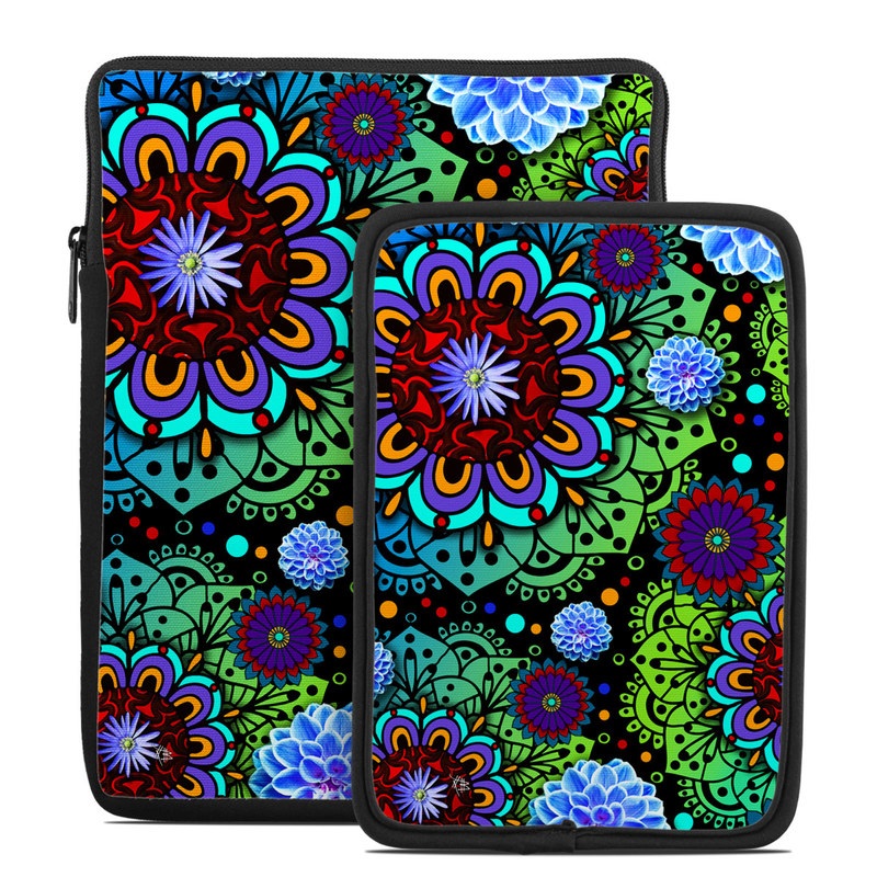 Tablet Sleeve design of Pattern, Psychedelic art, Design, Flower, Art, Visual arts, Floral design, Plant, Textile, Symmetry with black, blue, green, purple colors
