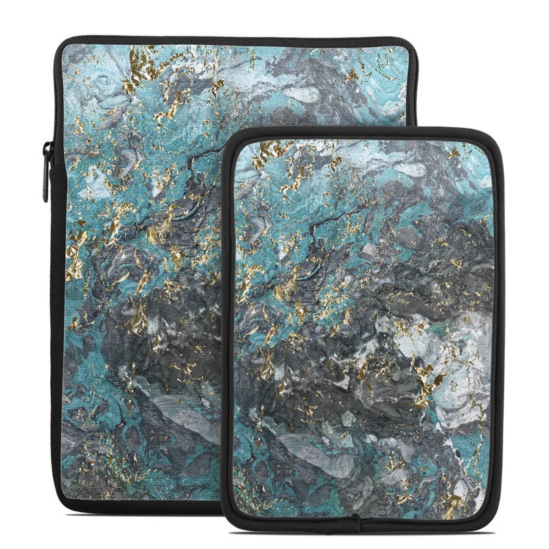 Tablet Sleeve design of Blue, Turquoise, Green, Aqua, Teal, Geology, Rock, Painting, Pattern with black, white, gray, green, blue colors