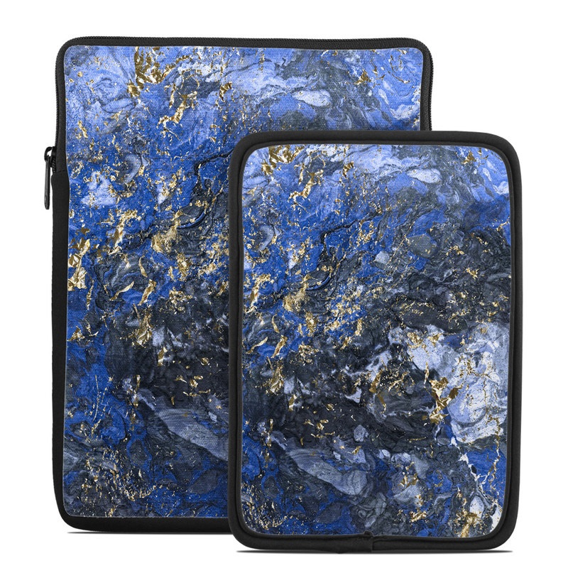 Tablet Sleeve design of Blue, Water, Cobalt blue, Rock, Painting, Geology, Electric blue, Mineral, Pattern, Acrylic paint with black, blue, yellow, white, gray colors