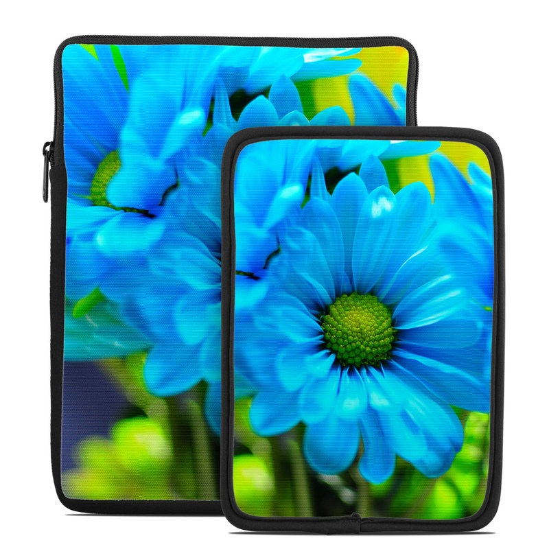 Tablet Sleeve design of Blue, Flower, Petal, Green, Plant, Cobalt blue, Yellow, Flowering plant, Gerbera, Electric blue, with blue, black, green colors