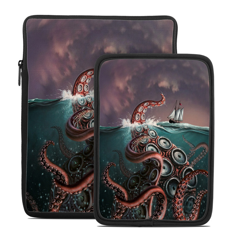 Tablet Sleeve design of Octopus, Water, Illustration, Wind wave, Sky, Graphic design, Organism, Cephalopod, Cg artwork, giant pacific octopus with blue, gray, white, brown, red colors