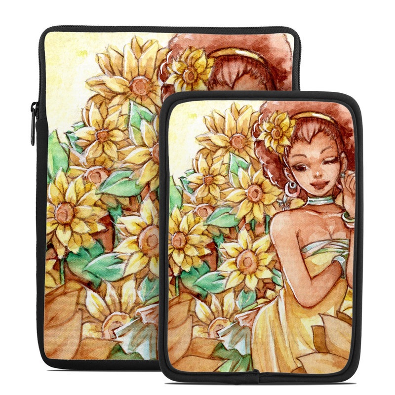 Tablet Sleeve design of Painting, Illustration, Art, Fictional character, Plant, Flower, Clip art, with yellow, orange, brown, green colors