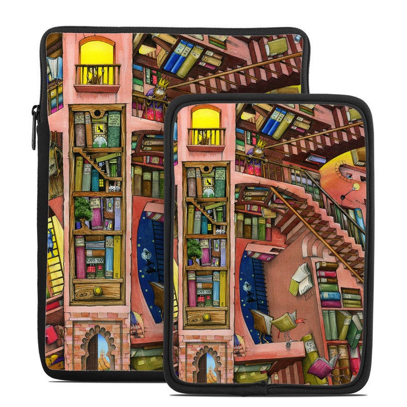 Tablet Sleeve design of Cartoon, Building, Art, Architecture, Design, Fun, Retail, Illustration, Neighbourhood, Room, with pink, yellow, blue, red, orange, brown colors