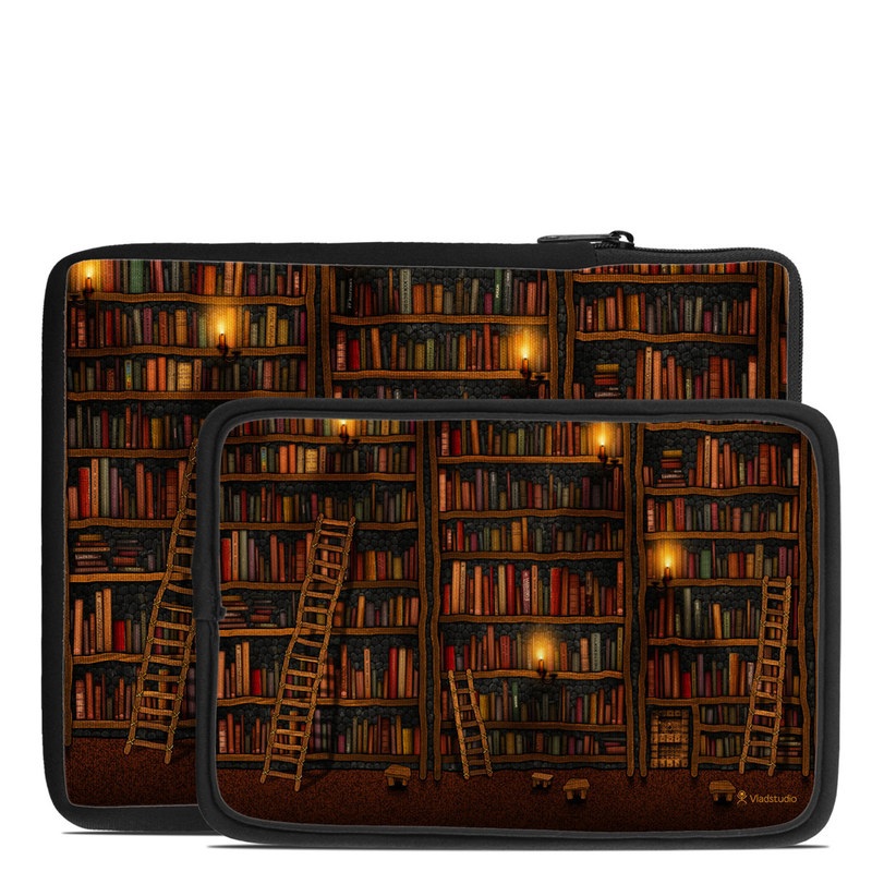 Tablet Sleeve design of Shelving, Library, Bookcase, Shelf, Furniture, Book, Building, Publication, Room, Darkness, with black, red colors