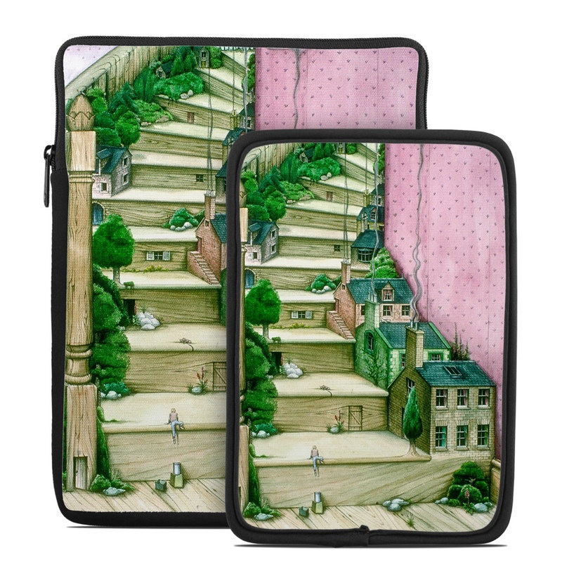 Tablet Sleeve design of Green, Stairs, House, Watercolor paint, Home, Illustration, Building, Wood, Plant, Sketch with pink, green, brown colors