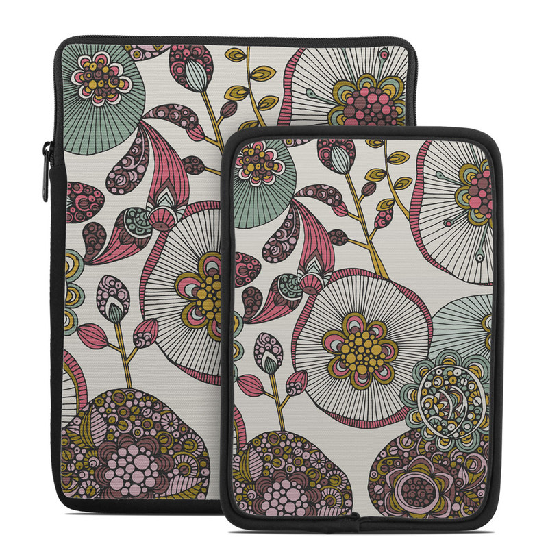 Tablet Sleeve design of Pattern, Textile, Botany, Visual arts, Motif, Design, Needlework, Circle, Floral design, with gray, pink, green, blue, purple colors