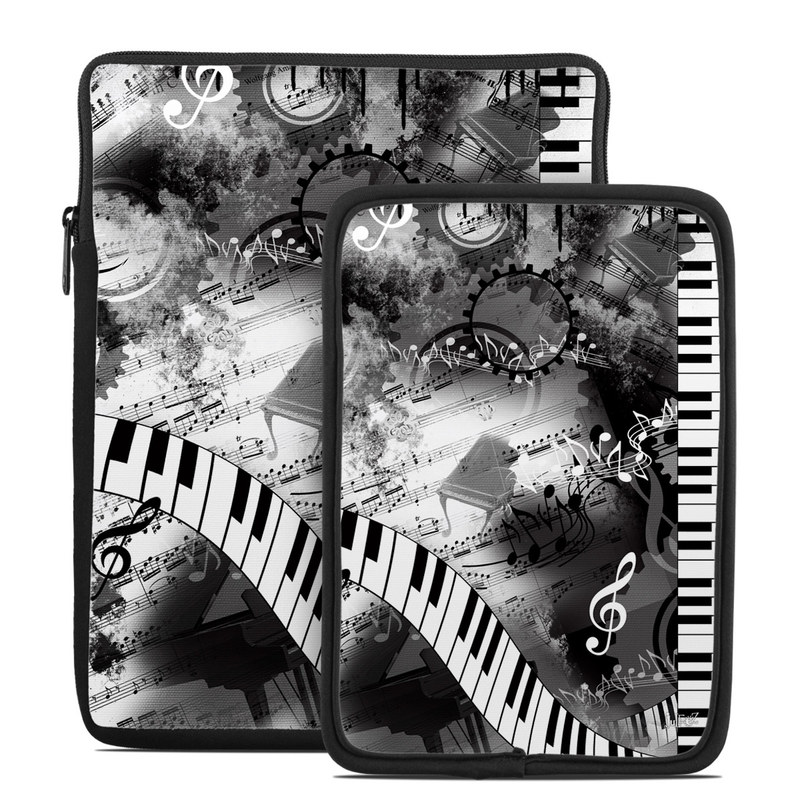 Tablet Sleeve design of Music, Monochrome, Black-and-white, Illustration, Graphic design, Musical instrument, Technology, Musical keyboard, Piano, Electronic instrument, with black, gray, white colors