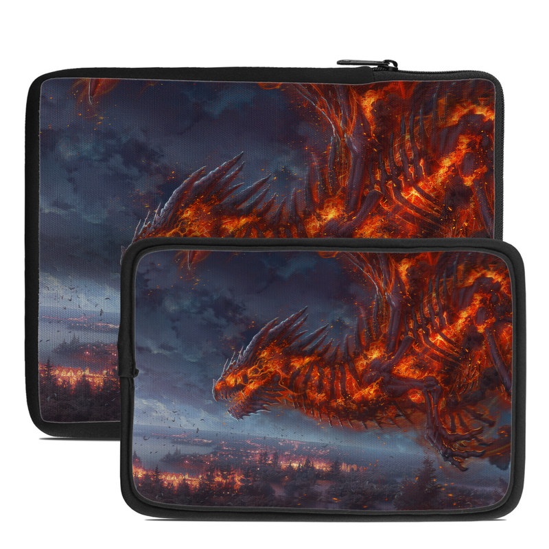 Tablet Sleeve design of Geological phenomenon, Dragon, Cg artwork, Sky, Flame, Fictional character, Mythology, Lava, Demon, Heat with red, blue, black colors