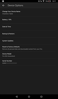 Find Amazon Fire model and serial in device info