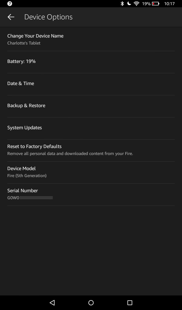 Find Amazon Fire model and serial in device info