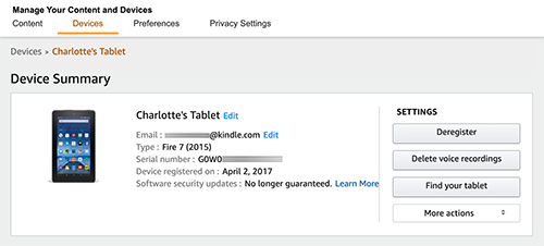 View Amazon Fire tablet model and serial number on Amazon