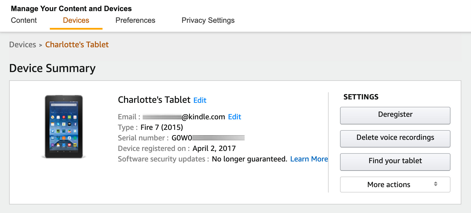 View Amazon Fire tablet model and serial number on Amazon