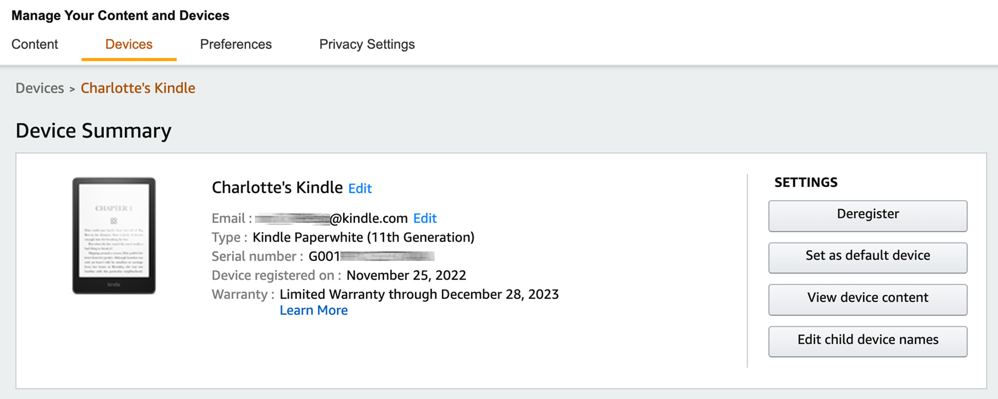 View Kindle model and serial number on Amazon